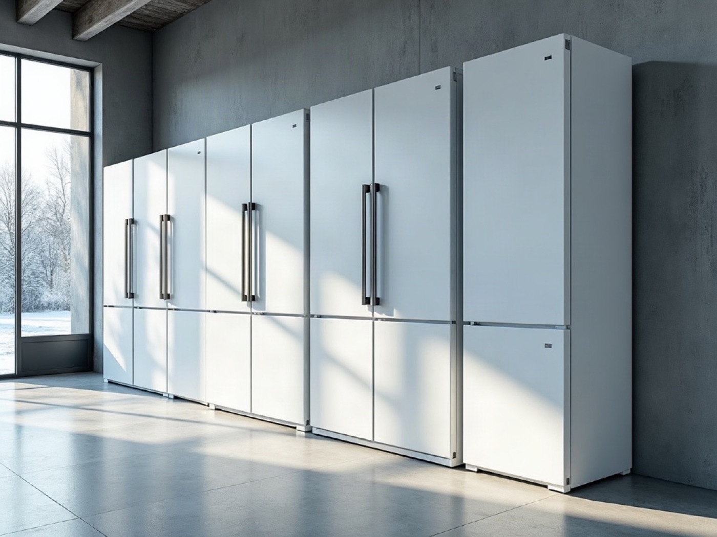 Row of matte refrigerators and induction cooktops in a bright appliance aisle