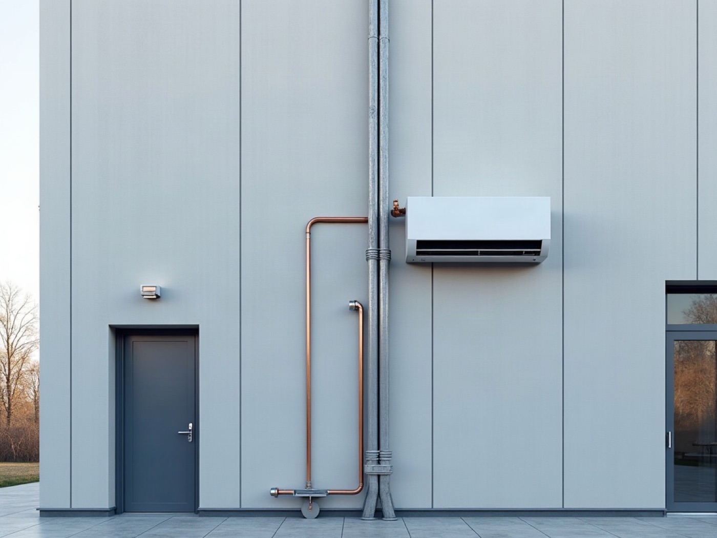Wall-mounted heat pump fixed to a light gray commercial facade