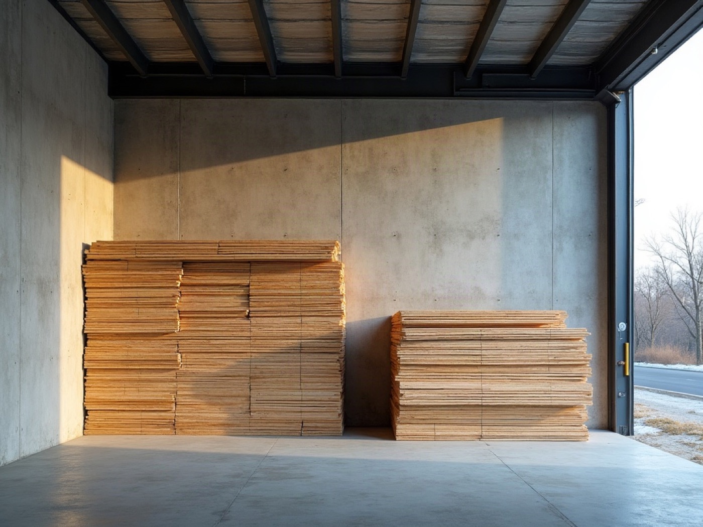 Stacks of kiln-dried boards and plywood in a covered lumber bay