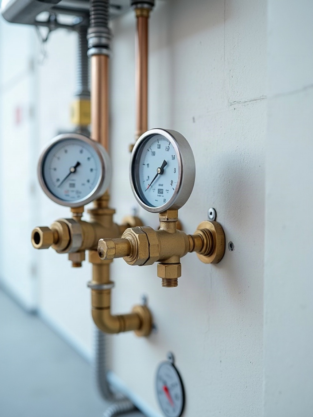 Close view of a stainless and brass heating manifold with insulated pipes