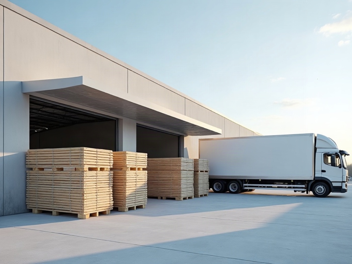 Insulation pallets and lumber beside a box truck at a materials dock
